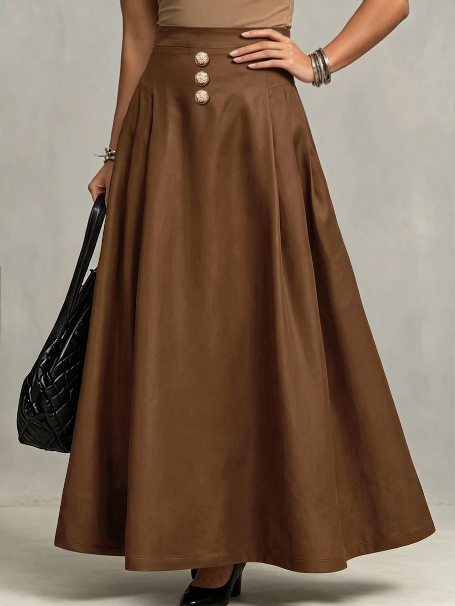 Linhara CURVE Plus Size Women Regular Waist A-Line Umbrella Skirt With Patchwork Cut And Decorative Buckle Mid-Length Commuter Skirt - Brown - View 1