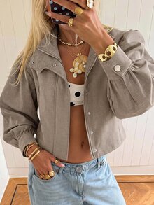 SHEIN EZwear 女款素色拉鍊休閒日常長袖夾克 - 卡其色 - 查看 1