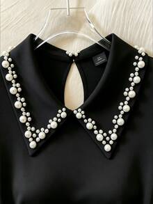 GlowEve CURVE Women's Fashion Elegant Beaded Collar Long Sleeve Ruched Waist T-Shirt, Suitable For Daily Commute, Home, Dating - Black - View 5