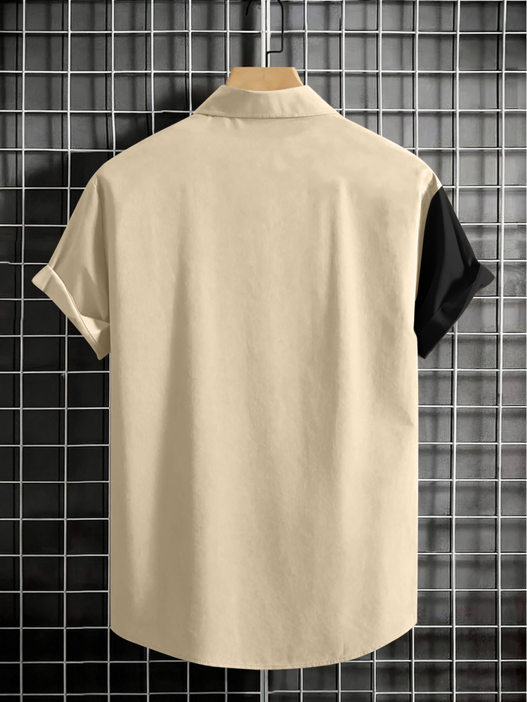 NEOREFINED Men's Summer White And Brown Casual City Break Shirt,Vertical Stripe Color Block Horse Rider Emblem Short Sleeve Slim Fit Button Up Retro Camp Collar - Multicolor - View 3