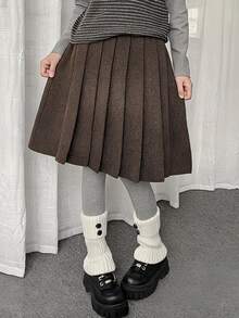 DAZY Women's Dark Gray Striped High Waist Wool Blend Pleated Loose A-Line Mid-Length Skirt - Dark Grey - View 3