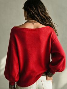 SHEIN Women Fall Winter Off‑Shoulder Knit Sweater Merry Letter Embroidery Lantern Long Sleeve Pullover - Red - View 2