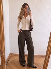 Avantive Women's Striped Pocket Straight Leg Casual Commute Suit Pants - Rust Brown - View 3