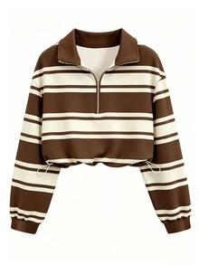 QUELARIE Plus Size American Vintage Half-Zip Striped Niche Sweatshirt Fall - Coffee Brown - View 1