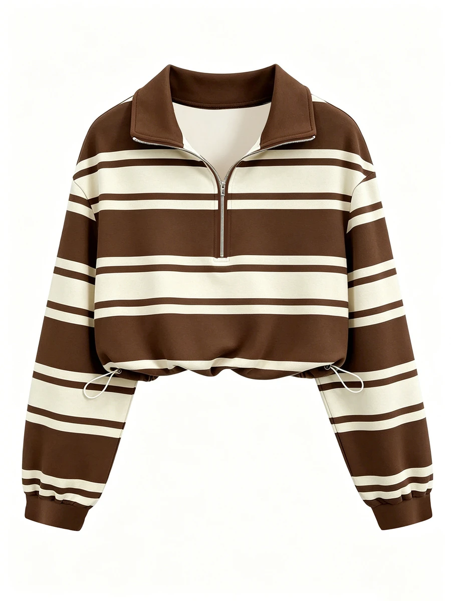 QUELARIE Plus Size American Vintage Half-Zip Striped Niche Sweatshirt Fall - Coffee Brown - View 1