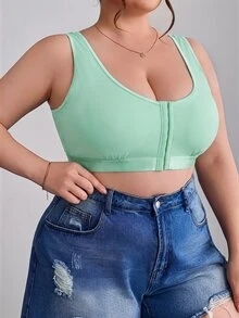 SHEIN CURVE+ 大尺碼簡約純色前扣式內衣背心，Curve Plus，Hoho Vacation - 薄荷綠 - 查看 4
