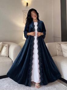 Al Najma Women Fall Winter Warm Navy Blue Velvet Lace Trim Open Front Long Sleeve Loose Long Abaya Kaftan For Home Visiting Gathering - Blue - View 4