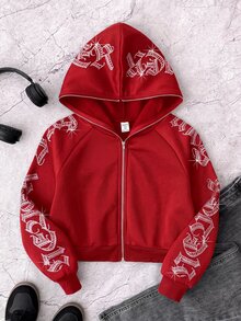 SHEIN 青少年女孩哥德風字母水鑽裝飾短版拉鍊連帽衛衣，秋冬長袖上衣，畢業穿搭，開學穿搭 - 紅色 - 查看 7