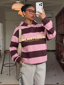 Muchica 休閒學院風條紋字母印花女款寬鬆大尺碼連帽衛衣，適合秋冬，秋冬風格，適用於日常通勤、約會、聚會、秋冬、夏季、派對、婚禮、海灘、畢業典禮等場合，優雅休閒，適合出遊、Y2K風格、音樂節等場合 - 彩色 - 查看 4