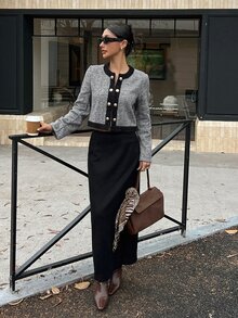 DAZY Women's 2 Pieces Set: Grey Plaid Metal Button Decorated Short Wool Blazer Jacket And Bodycon Skirt, Elegant Commuter Office Wedding Casual Autumn/Winter - Black - View 6