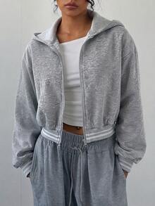 SHEIN BASICS Sweatshirt Fleece Wanita Nyaman dengan Resleting Penuh, Hangat dan Nyaman untuk Pemakaian Sehari-hari di Musim Gugur/Dingin - Grey - View 4