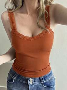 Strévra Women's New Autumn Solid Color Contrast Lace Camisole Tank Top - Burnt Orange - View 2