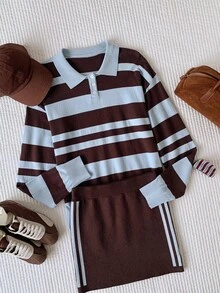 Comfortcana Women's Striped Long Sleeve Polo Collar Sweater And Knitted Skirt 2 Pieces Set - Multicolor - View 8