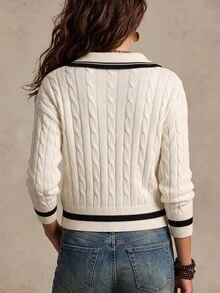 SHEIN Loose Fit Versatile College Style Contrast Color Lapel Long Sleeve Pullover - Apricot - View 2