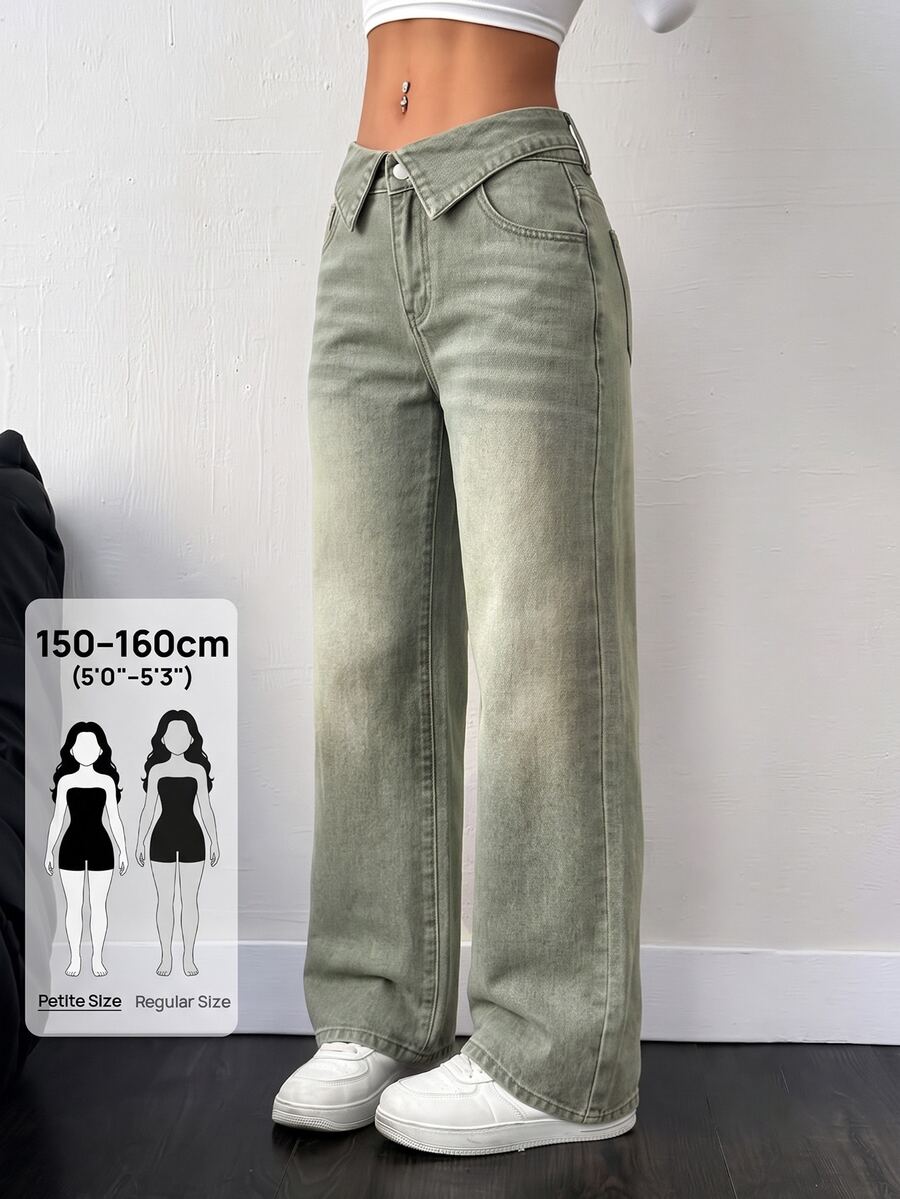 Rivivi Petite Women's Fashion Folded Waist Button Pocket Loose Denim Jeans - Green - View 1