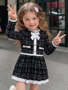 SHEIN Baby Girl Bow Decor Plaid Jacket And Skirt Set - Black - View 1