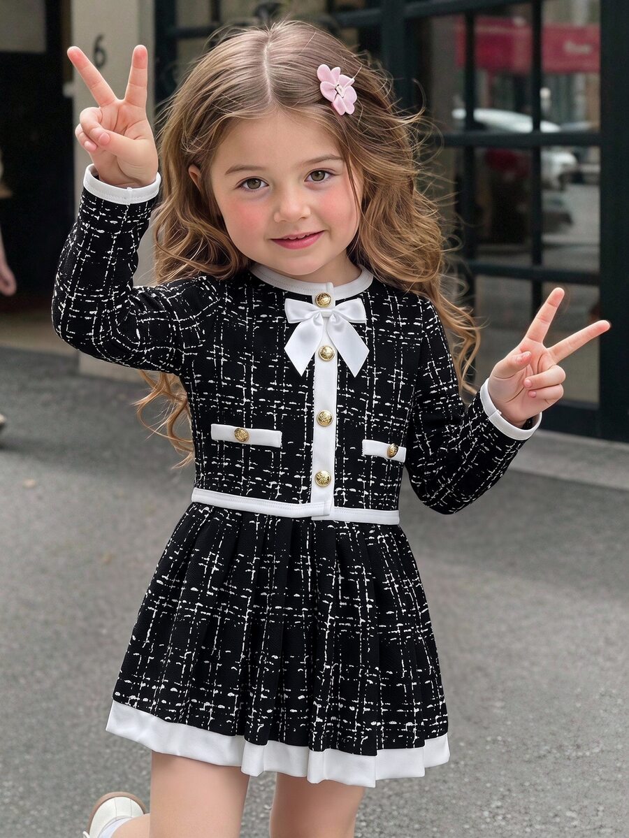 SHEIN Baby Girl Bow Decor Plaid Jacket And Skirt Set - Black - View 1