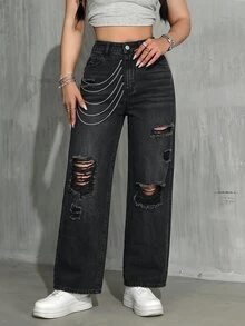 SHEIN PETITE 女款高腰口袋磨損直筒寬鬆休閒牛仔褲 - 黑色 - 查看 5