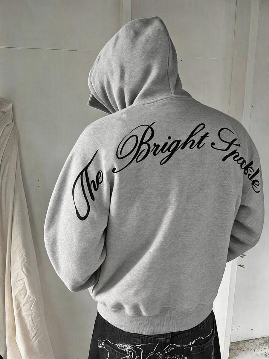 SHEIN 青少年男孩口號印花長袖拉鍊連帽衛衣 秋季 - 灰色 - 查看 1