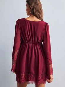 Willow Rêve Gaun Mini Merah Patchwork Renda Wanita - Burgundy - View 2