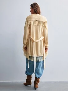 Willow Rêve Women's Beige Bohemian Tassel Knit Cardigan, Bohemian Style - Apricot - View 2