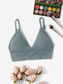 SHEIN Minimalist Spaghetti Strap V-Neck Comfortable Wireless Bra - Dusty Blue - View 1