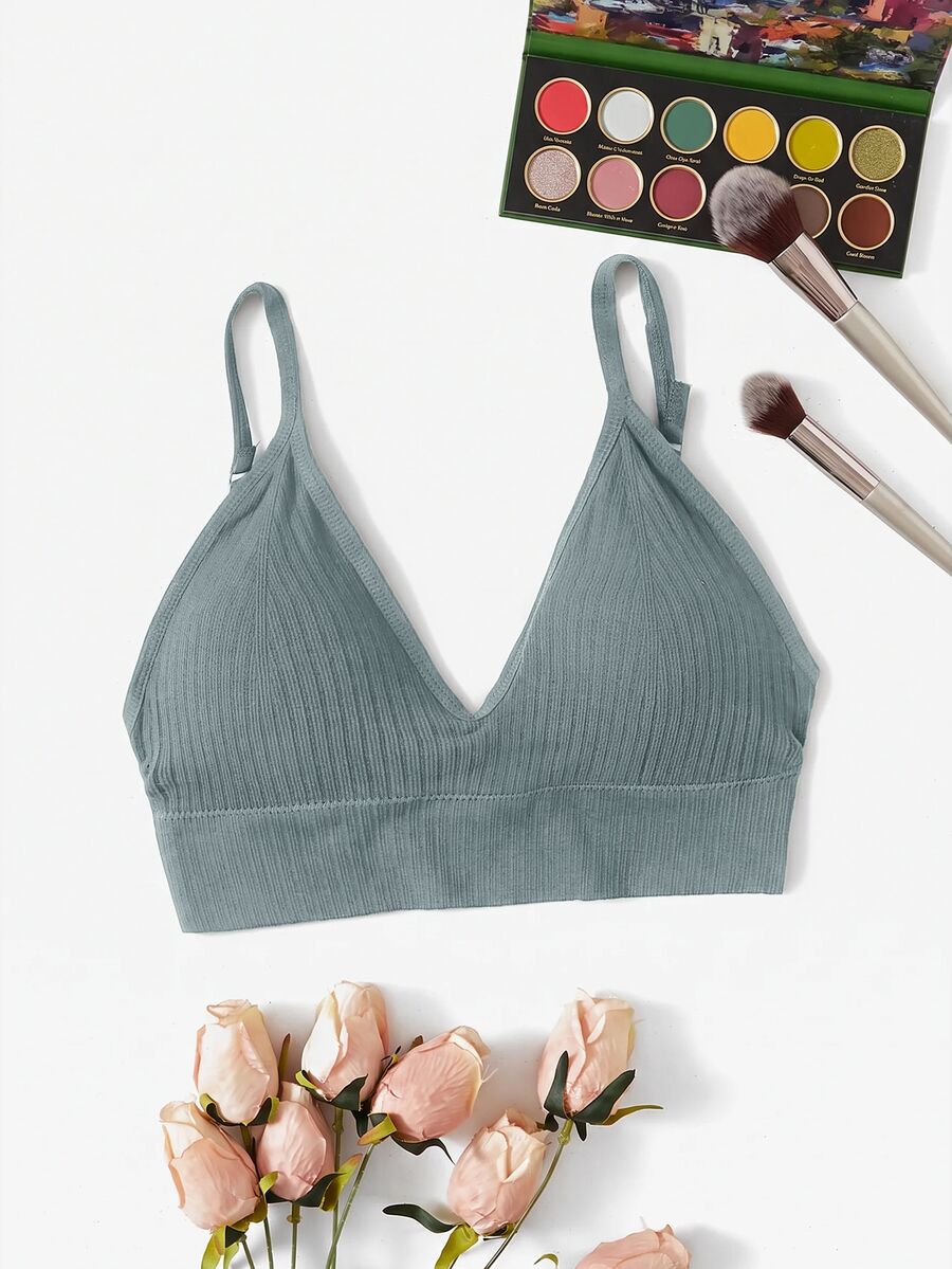 SHEIN Minimalist Spaghetti Strap V-Neck Comfortable Wireless Bra - Dusty Blue - View 1