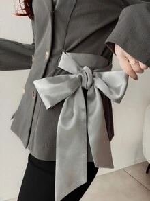 FRIFUL Women's Solid Color Double-Breasted Side Waist Tie Casual Blazer - Grey - View 5