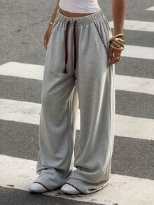 SuriyaCove Elastic Waist Drawstring Tie Pockets Solid Color Long Pants - Multicolor - View 4