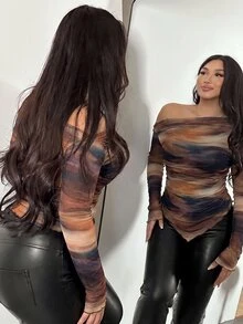 Firerie Plus Size Women's Autumn/Winter Abstract Print Asymmetric Shoulder Ruched T-Shirt - Multicolor - View 6