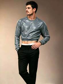 ZURIURI Men's Sequin Raglan Long Sleeve Cropped Top, Slim Fit, Flattering, Brand, Casual Daily Wear T-Shirt - Grey - View 6
