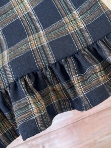 女童少女秋冬刺繡翻領蕾絲領梭織格紋拼接娃娃洋裝 寬鬆長袖復古學院風休閒棕色 - 藏蓝色 - 查看 8