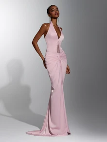 Elitara Gaun Malam Model Duyung Elegan Berwarna Merah Muda Pucat dengan Leher V Dalam, Bagian Dada dan Pinggang Berkerut, Gaun Formal Panjang Hingga Lantai untuk Pernikahan, Pesta Gala, dan Pesta Koktail - Dusty Pink - View 3