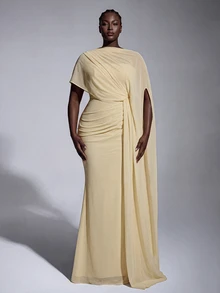 Elitara Plus Size Elegant Romantic Pale Yellow Asymmetrical Layered Design Pleated Flounce Fitted Mermaid Hem Dress For Evening Party Date Ball Vacation Wedding Event Bridesmaid Gown - Yellow - View 6