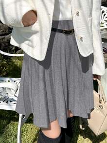 DAZY Women's Solid Color Elastic Waist Casual Pleated Knit Skirt - Grey - View 6