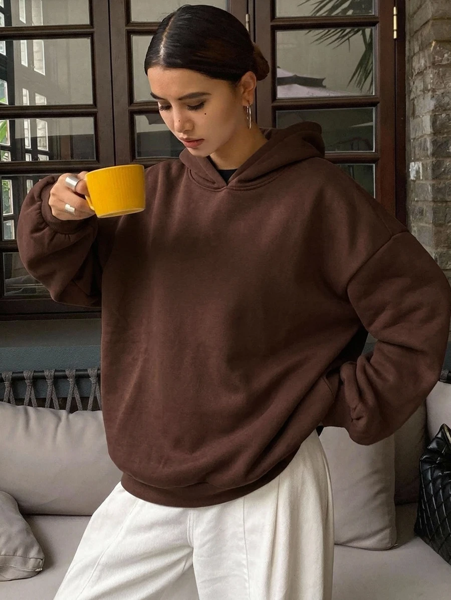 DAZY Unisex Loose Fit Hooded Casual Thermal Lined Solid Color Sweatshirt For Women - Brown - View 1