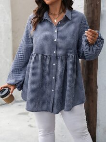 SHEIN LUNE Plus Size Fashion Plaid Button Long Sleeve Shirt For Daily Wear - Navy Blue - View 4