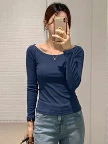 DAZY 女款大圓領修身短袖優雅T恤 灰色 春夏款 - 藍色 - 查看 5