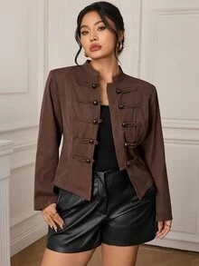 EastFlair Plus Size Women's Solid Color Casual Daily Long Sleeve Jacket - Brown - View 4