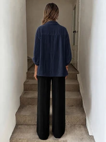 Easowa 黑白美拉德風 3 件套女款秋季套裝 2024 新款優雅防曬襯衫修身西裝外套寬腿褲 - 藏蓝色 - 查看 2