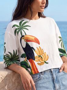 CAJUNI Women's Beach Vacation Palm Tree Print Round Neck Short Sleeve Casual Tropical T-Shirt White Summer - Multicolor - View 6