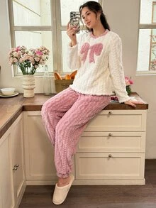 Snug Reverie Sweet Women's New Winter Thickened Fleece Cute Pajama Set - Pink - View 5