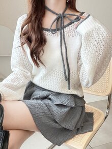 FRIFUL Women's Tie Design Contrast Trim Long Sleeve Hollow Out Versatile Sweater - Apricot - View 4