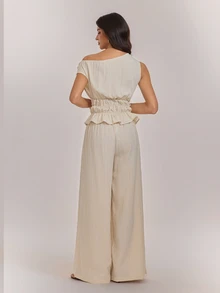 SHEIN Tall Women's Asymmetrical Shoulder Ruched Waist Solid Color Top And Pants 2 Pieces Set - Apricot - View 2