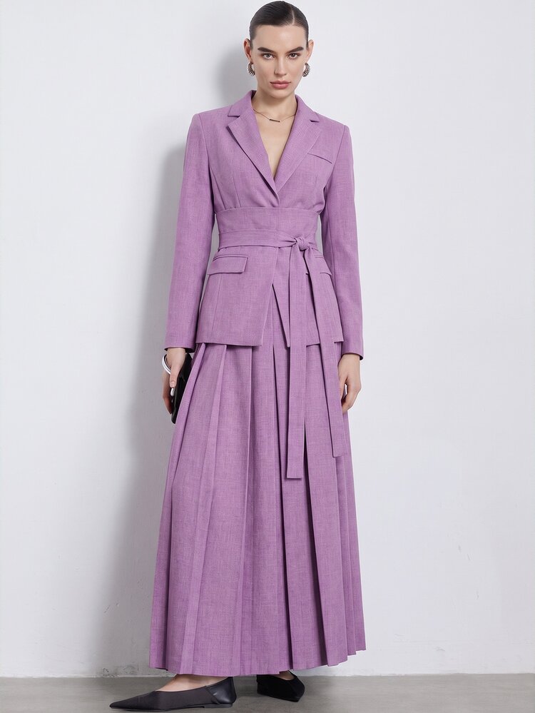 Aveloria Modichic Tie Waist Blazer Skirt Set, Heavy Pleated Hem Skirt, Urban Modern Casual Elegant Business Office Parties, Slim Fit, Mauve Purple Fall - Purple - View 5