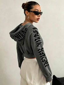 StreetHx 女款秋冬街頭風哥德字體短版前開襟運動衫 - 深灰色 - 查看 2