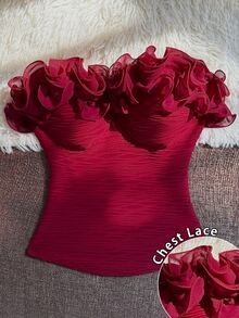 SHEIN Franclia Plus Size Pure Desire Style Off-Shoulder Ruffle Bandeau Tank Top, Burgundy Pleated Texture Waist-Cinching Slimming Bustier Top, Suitable For Date, Party, Gathering, Vacation, Outerwear And Innerwear - Burgundy - View 1