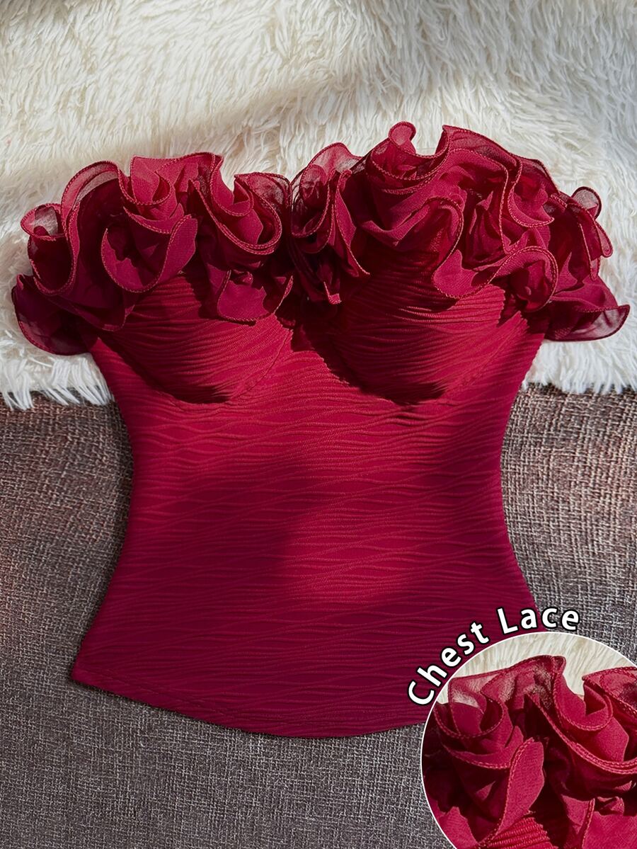 SHEIN Franclia Plus Size Pure Desire Style Off-Shoulder Ruffle Bandeau Tank Top, Burgundy Pleated Texture Waist-Cinching Slimming Bustier Top, Suitable For Date, Party, Gathering, Vacation, Outerwear And Innerwear - Burgundy - View 1
