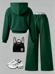 SHEIN 青少年女孩秋季套裝 2件/組 連帽拉鍊夾克短版上衣與寬鬆鬆緊腰寬腿休閒長褲套裝，秋季 - 墨綠色 - 查看 2