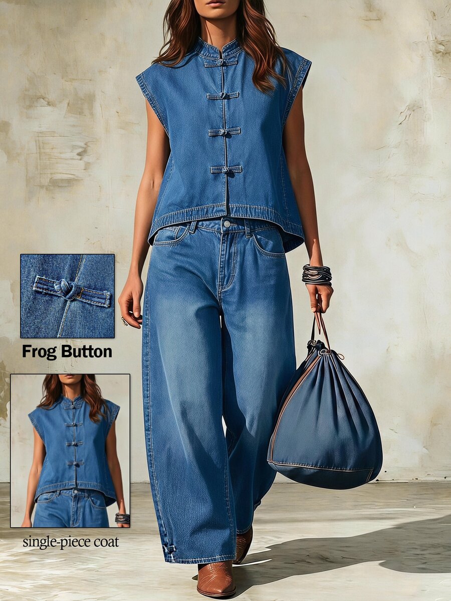 LUMIGAL Women's Casual Daily Denim Top With Frog Buttons - Blue - View 1